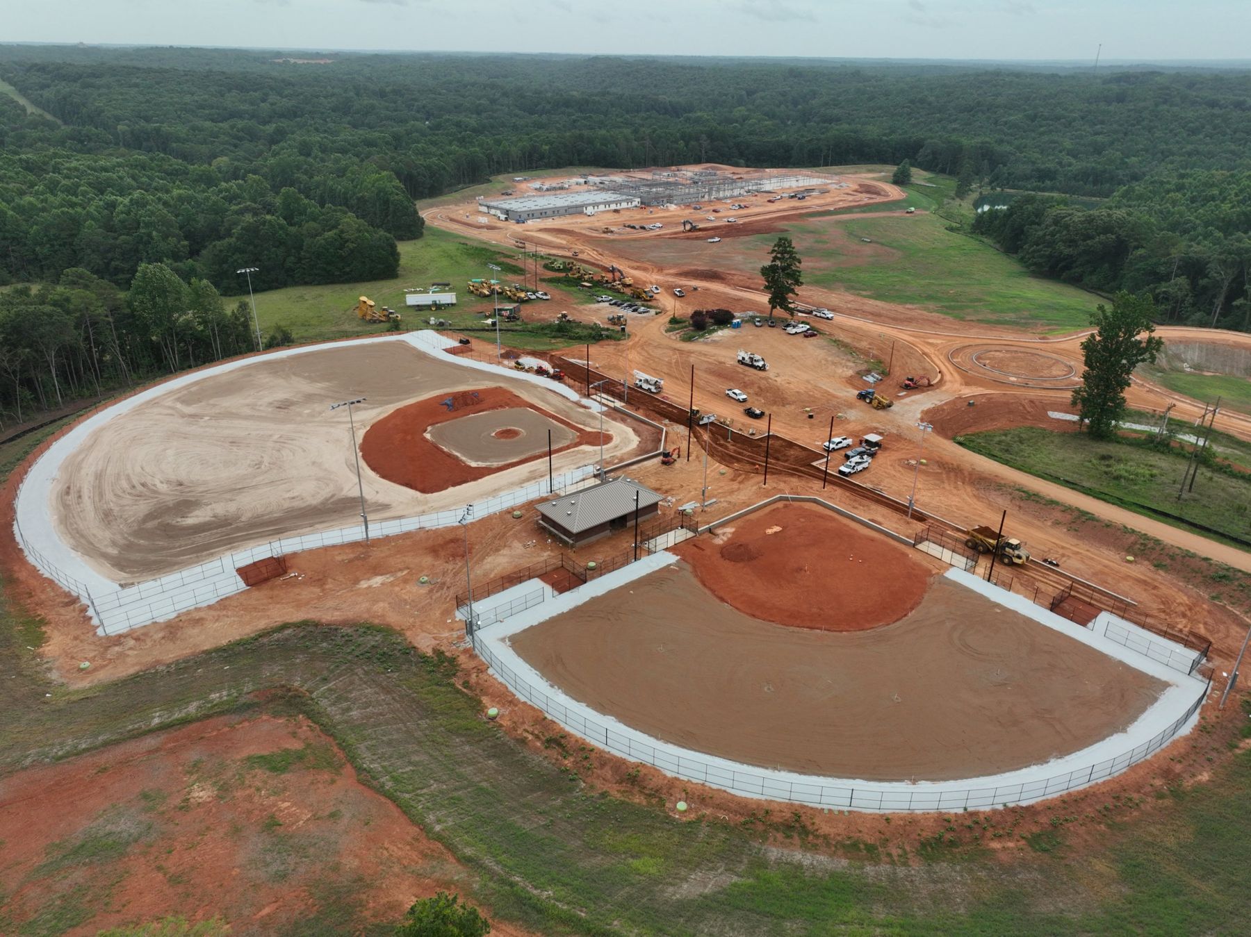 Aerial of ballfields and the new Commerce Elementary School under construction