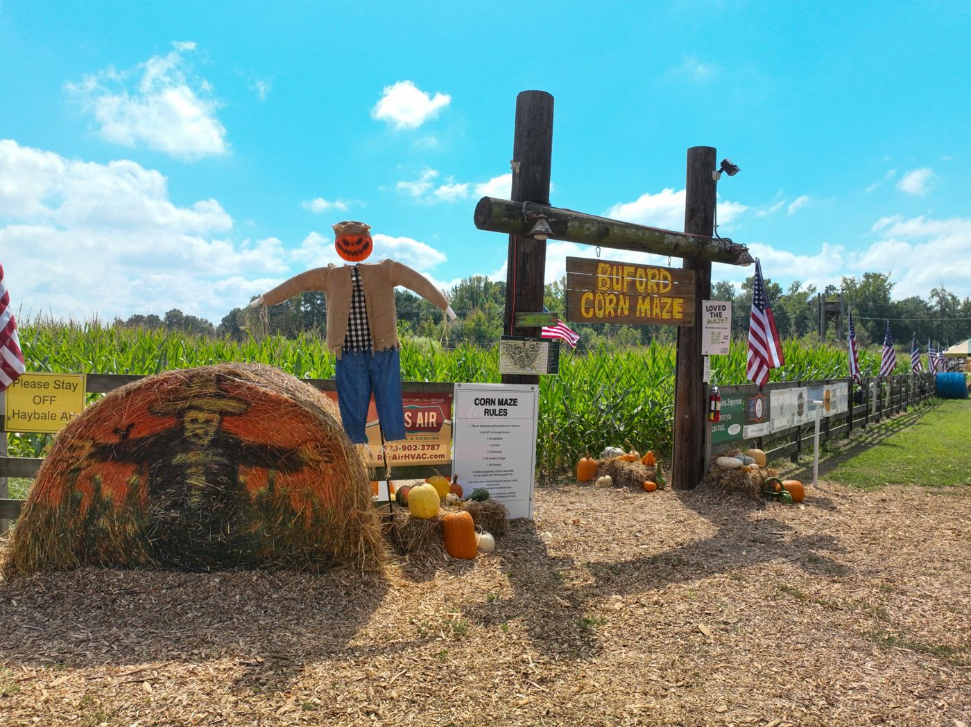 Ground-level photo of the Buford Corn Maze entrance