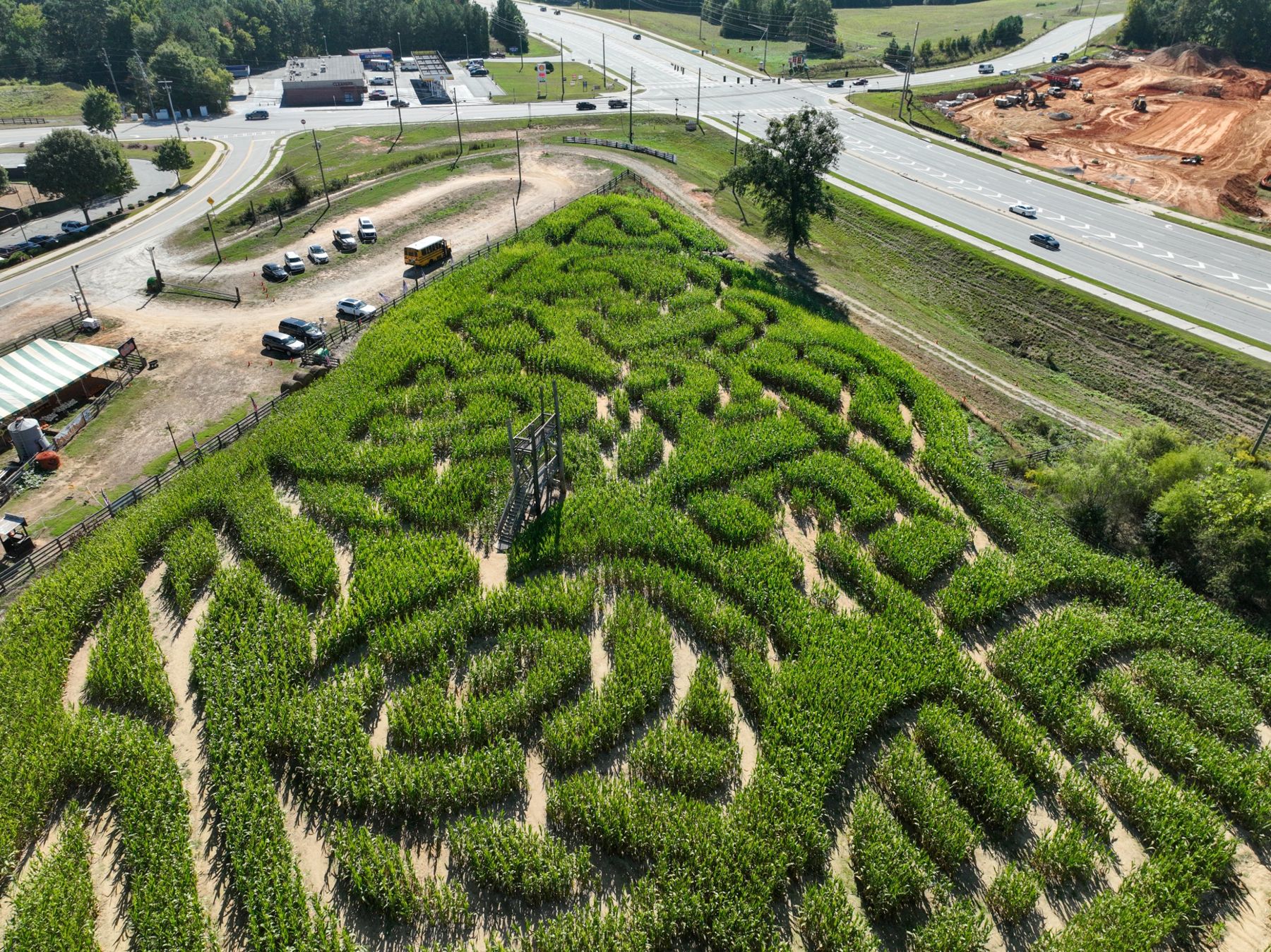 Aerial of the Buford Corn Maze beside the highway