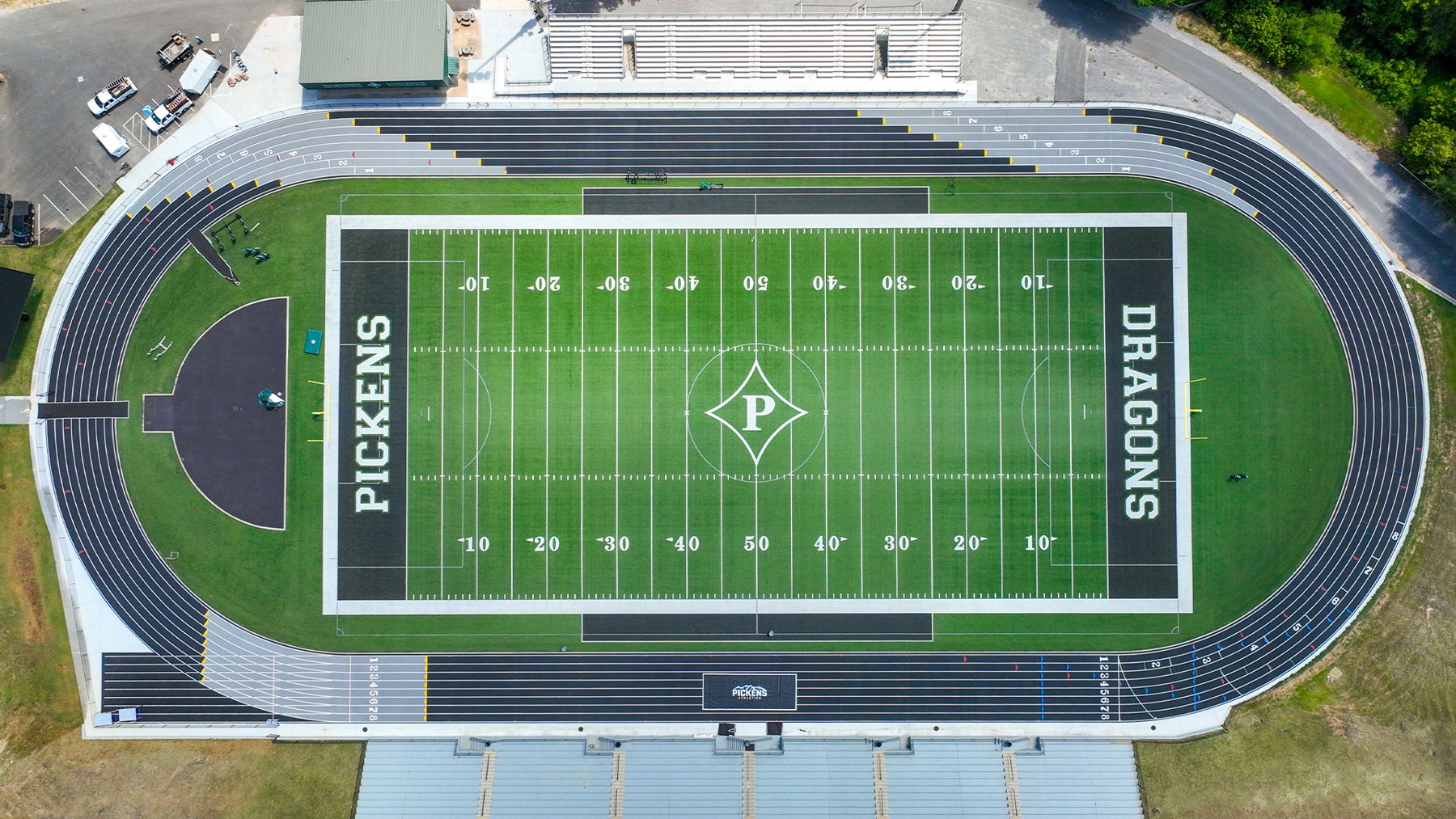 Overhead view of the Pickens Dragons football field and track